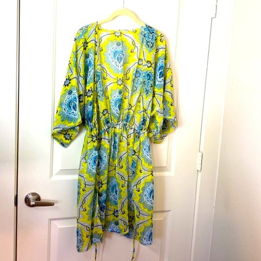 Casual Yellow Boho Beach Paisley Print Tie Kimono 3/4 Sleeve Coastal OS Coverup